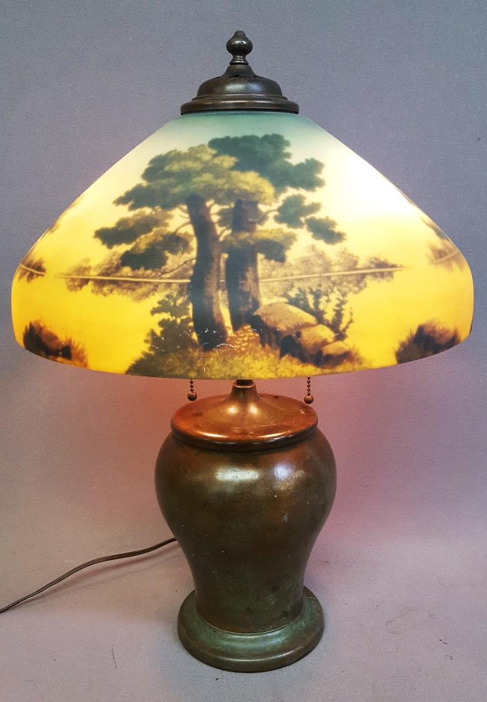 Circa 1920's Scenic Reverse Painted Lamp w/bronze Base: Circa 1920's Scenic Reverse Painted Lamp w/bronze Base - hgt 22.5" dia. Of shade 16". Shade is perfect. No cracks or flea bites on the edge. Ready for home use.