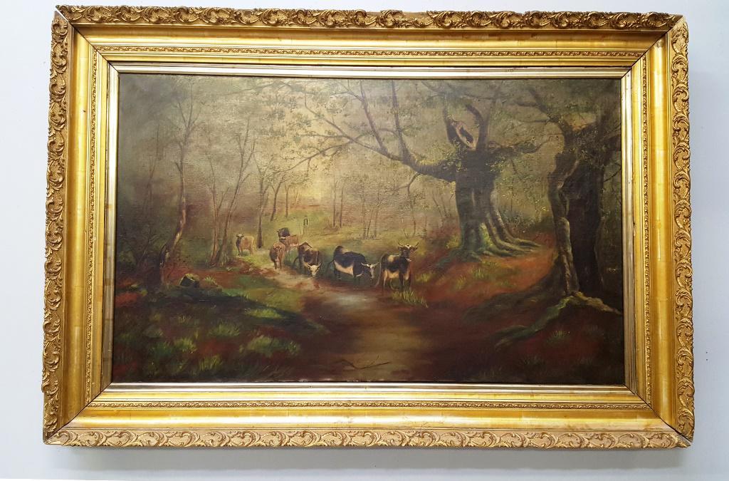 Oil on canvas signed Lucille Wassen dated 1900,: Oil on canvas signed Lucille Wassen dated 1900, painting of cows & in landscape, size overall h 38" w 55" just canvas h 28" w 46". Canvas good condition.