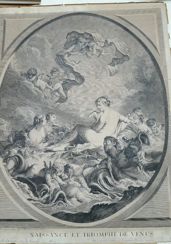 Early engraving (The Birth of Venus) after Francois: Early engraving (The Birth of Venus) after Francois Boucher by Jean Daulie 18th century. Signed on the base of the engraving. Hgt 18" w 14". Good condition. Found in Prairie du Chien WI collection.
