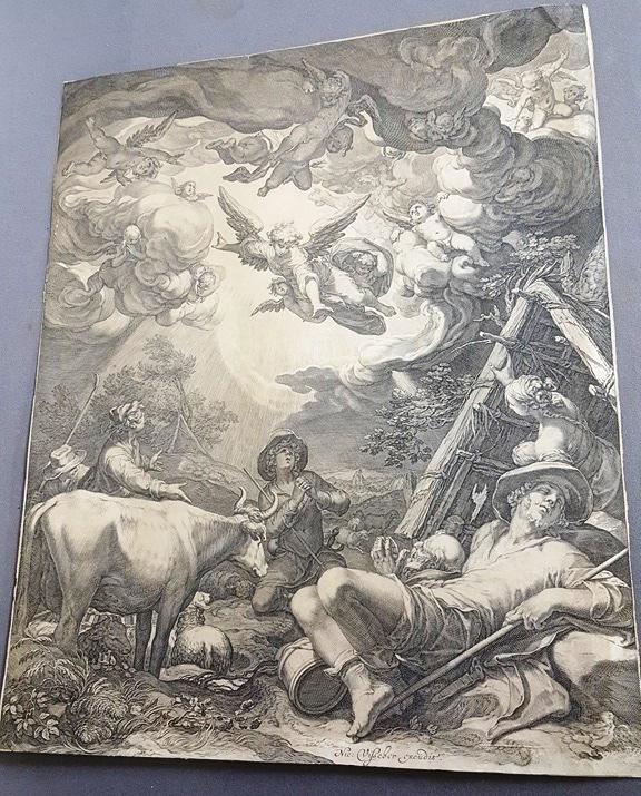 Engraving by Nicholas Visscher 1618-1709 - Signed in: Engraving by Nicholas Visscher 1618-1709 - Signed in the plate on bottom edge. Religious scene. Hgt 20" H 15 3/4". Found in Prairie du Chien WI collection.