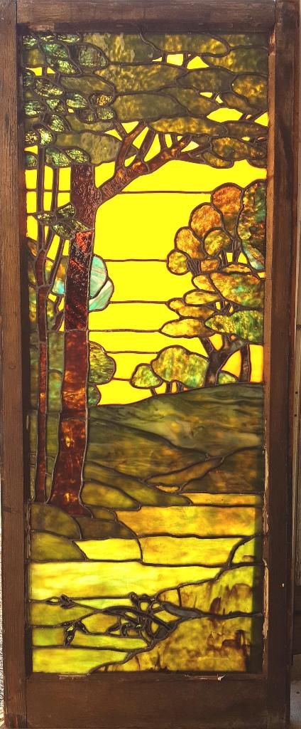 C 1900 Fantastic 2 Layer Scenic Landscape Leaded Window: C 1900 Fantastic 2 Layer Scenic Landscape Leaded Window - hgt 56" w 23". Good condition overall. On close inspection I see about 6 hairlines in glass. All glass is present. Found in St Paul MN estate.