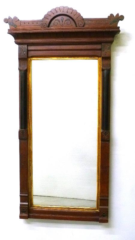 Circa 1870's Walnut Hanging Mirror with Line carved: Circa 1870's Walnut Hanging Mirror with Line carved Crest and Black Trim - height 55" width 30" - good original finish. Found in estate in Pepin WI.