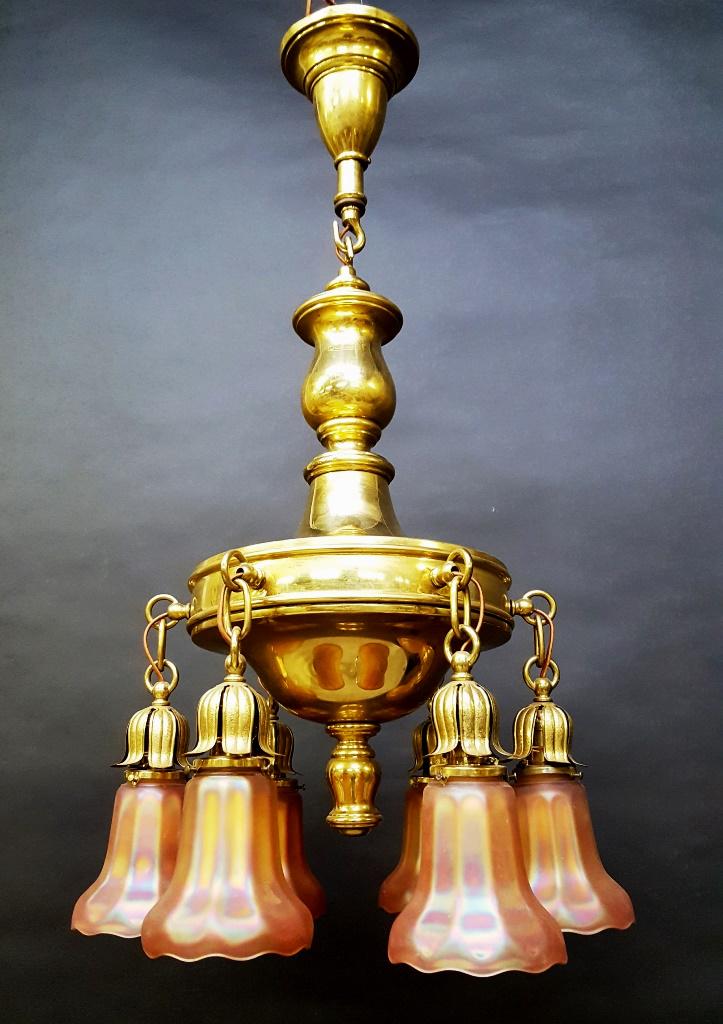 C 1920's Brass 6 Arm Quality Chandelier: C 1920's Brass 6 Arm Quality Chandelier w/ Lightolier Shades - Mint polished - rewired working condition. All glass in good condition. Hgt 34" dia. 21". Found in St Paul MN estate.