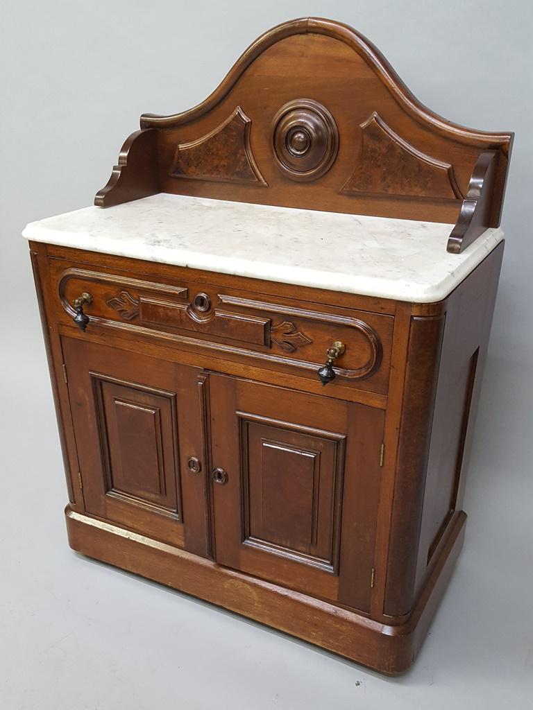 Circa 1870's American Burl Walnut Marble Top Washstand: Circa 1870's American Burl Walnut Marble Top Washstand with Back Board - hgt 42" w 31" d 16.5". Good old refinished condition. Found in Minnetonka MN estate. Sold on my auction 30 years ago.