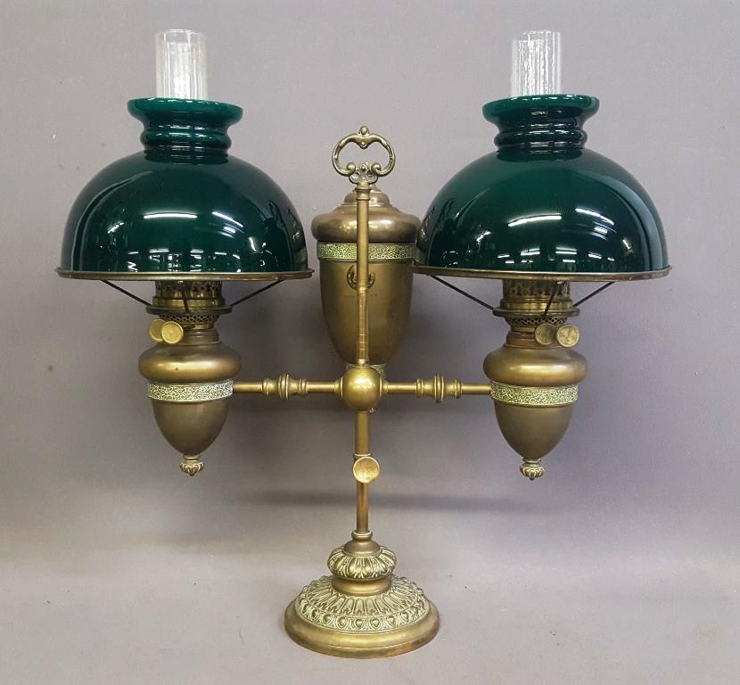Circa 1890's Plumb & Attwood Double Student Lamp -: Circa 1890's Plumb & Attwood Double Student Lamp - Retains complete original P & A duplex burners. Cased glass shades are antique and in good condition. Hgt 25" w 25".