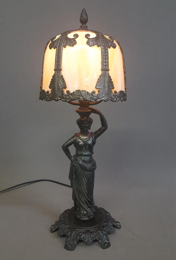 Circa 1920's Carmel Slag Glass Small Boudoir Lamp - has: Circa 1920's Carmel Slag Glass Small Boudoir Lamp - has cast metal woman base with metal & carmel slag glass shade . Hgt 18.5" dia. Of shade 7". All in good condition. Rewired ready to use