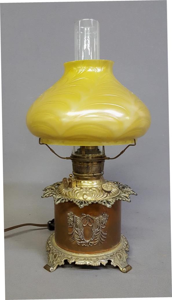 Signed Circa 1890's Oil Lamp with Cased Glass Shade -: Signed Circa 1890's Oil Lamp with Cased Glass Shade - hgt 19" dia. Of shade 10". Signed on base (AL & B Co.) Found in Madison WI estate.