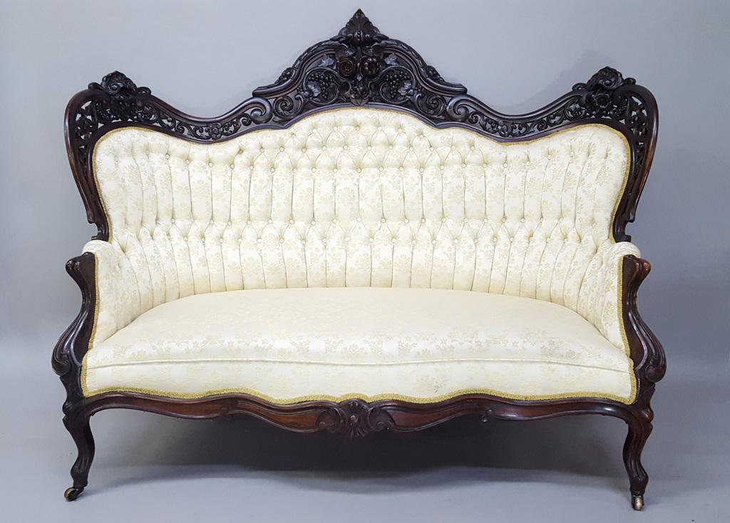 J & JW Meeks (Hawkins ) Patterm laminated Rosewood: J & JW Meeks (Hawkins ) Patterm laminated Rosewood loveseat Circa 1855 - hgt 51" w 65" d 35". Very good original finish and condition with original castors. Upholstery is in good condition.