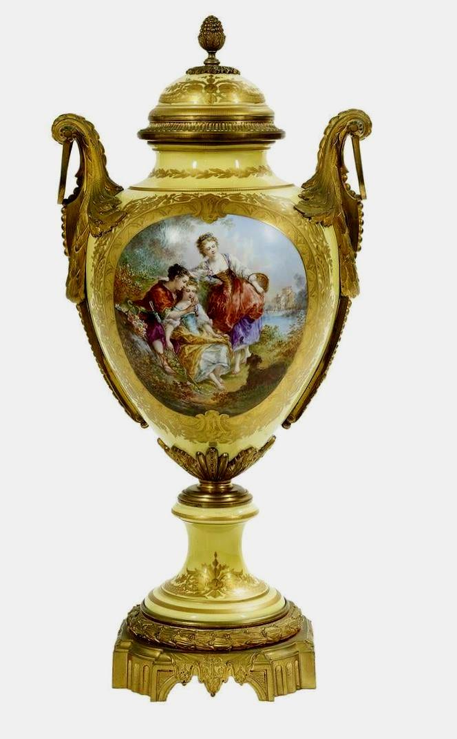 Circa 1900 Large French Bronze-Mounted Sevres-Style Urn: Circa 1900 Large French Bronze-Mounted Sevres-Style Urn - h. 29", w. 14", d. 8-3/4"- Has hand painted panel of 18th century landscape signed (Lebrum). Back side has lion fountain. Signed on cover. Ver