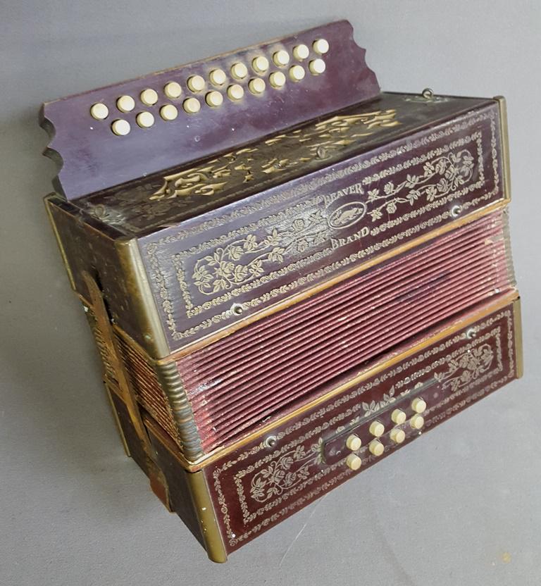 Antique Beaver Brand Germany Wood Accordion Vintage: Antique Beaver Brand Germany Wood Accordion Vintage Squeeze Box - hgt 11" w 11" d 6". Good original condition for age. Circa 1920. Found in Elgin MN home.