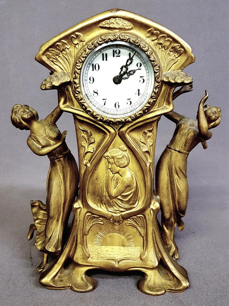 Circa 1900 Signed Art Noveau Woman Decorated Clock -: Circa 1900 Signed Art Noveau Woman Decorated Clock - Wonderful Metal clock signed on porcelain dial ( New Haven Clock Co. New Haven Conn.) hgt 11" w 9" d 3.5". Good condition. Found in St Paul MN esta