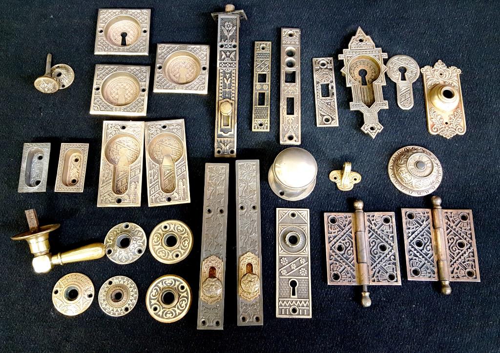 29 Pieces of Antique Eastlake Brass Hardware C 1880's -: 29 Pieces of Antique Eastlake Brass Hardware C 1880's - Found in St Paul MN home. Largest piece 8" high. All pieces solid brass except the 3 lock sets in the middle are iron & brass. Plus the one piec