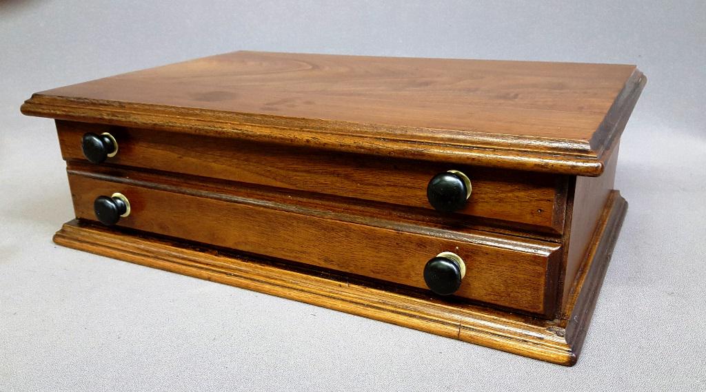 Circa 1870's Walnut 2 Drawer Spool Cabinet w/ original: Circa 1870's Walnut 2 Drawer Spool Cabinet w/ original brass & wooden pulls. W 18" d 11.5" h 6". Good refinished condition. Found in St Paul MN estate.