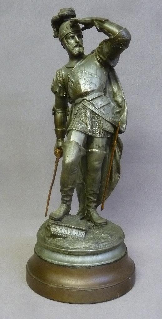 19th Century Cast Metal Statue of Knight Scanning the: 19th Century Cast Metal Statue of Knight Scanning the horizon with Brass Sword & Sheath. H 21" dia. 8.5". Good original condition.