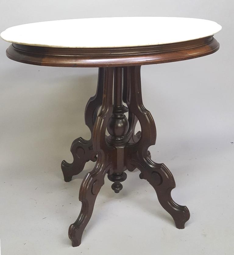 Circa 1870's American Oval Walnut Marble Top Table -: Circa 1870's American Oval Walnut Marble Top Table - Study condition with good old dark finish. Found in Ellsworth WI estate. Hgt 28" marble 30" x 22".