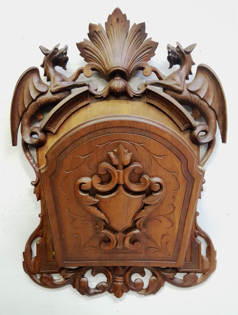Circa 1870's American Griffin Carved Walnut Wall Pocket: Circa 1870's American Griffin Carved Walnut Wall Pocket - impressive wall pocket with great décor. Hgt 22" w 16". Good old refinished condition . Found in Winona MN mansion.