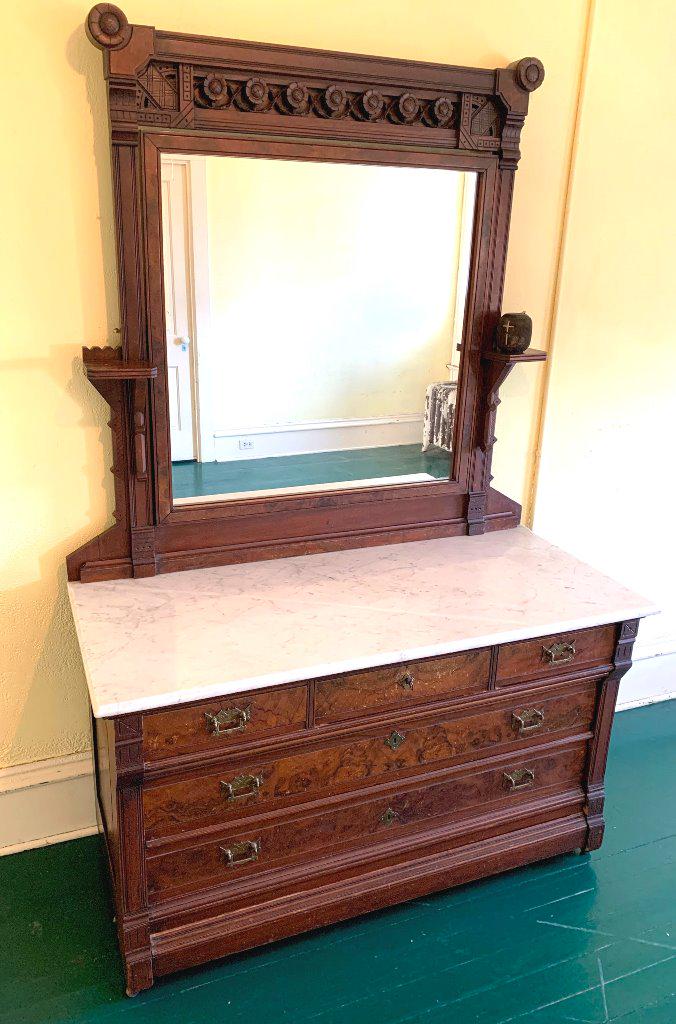 Circa 1880's Burl Walnut Eastlake Marble Top Dresser: Circa 1880's Burl Walnut Eastlake Marble Top Dresser w/original brass hardware, very nice carved upper freeze, and carved candle holder. Hgt