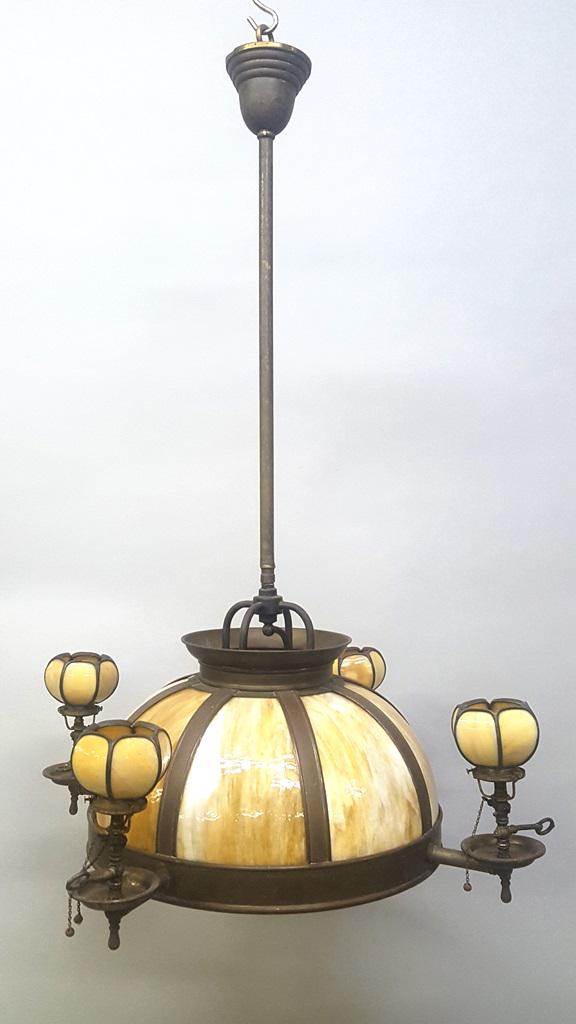 Circa 1900 Gas Carmel Slag Dome 4 Gas Arms - wonderful: Circa 1900 Gas Carmel Slag Dome 4 Gas Arms - wonderful all original gas chandelier from Eau Claire WI home. Hgt 40" width 29" dia of center 18". All carmel glass in good condition.