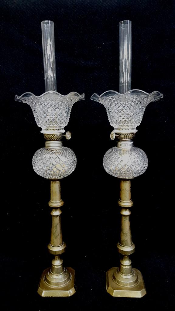 Circa 1850's Signed Brass & Glass Fluid Peg Lamps -: Circa 1850's Signed Brass & Glass Fluid Peg Lamps - hgt 35" dia. 6". All glass in good condition. Signed on burner stems Bougeoir Lamps.