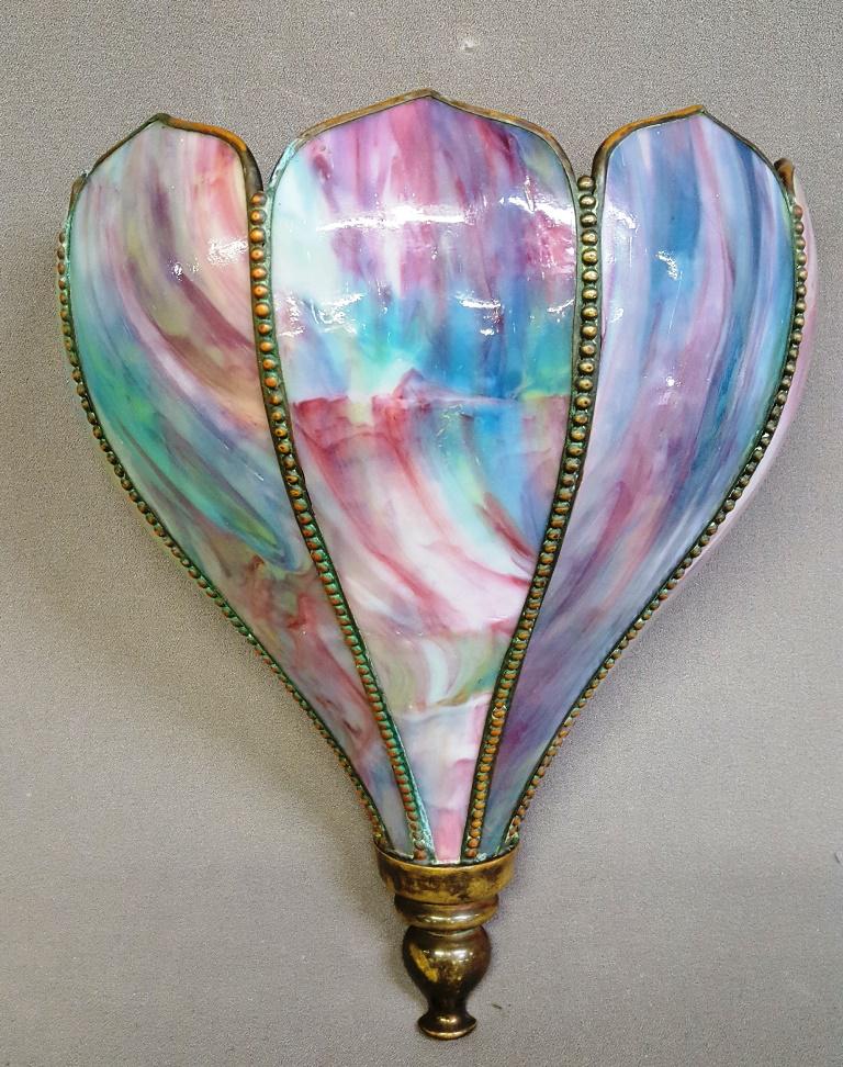 Circa 1910 Unique Slag Glass wall Sconce - hgt 13": Circa 1910 Unique Slag Glass wall Sconce - hgt 13" width 11" depth 7". All glass in good condition. Found in Eau Claire WI estate.