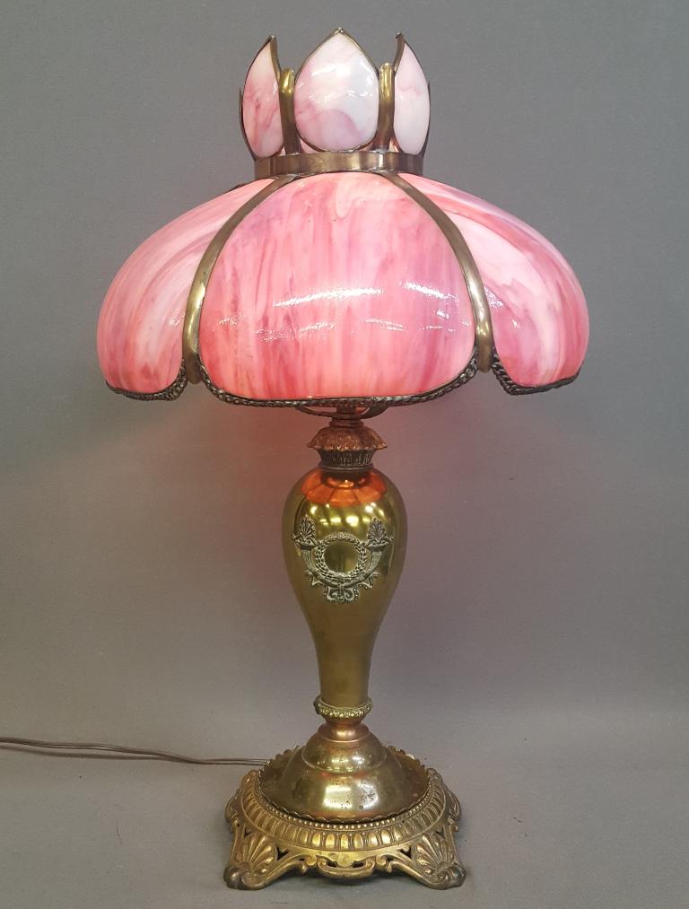 Circa 1920 Slag Glass Table Lamp with Brass Base - hgt: Circa 1920 Slag Glass Table Lamp with Brass Base - hgt 24.5" shade dia. 15". All glass in good condition. Wired ready to use.