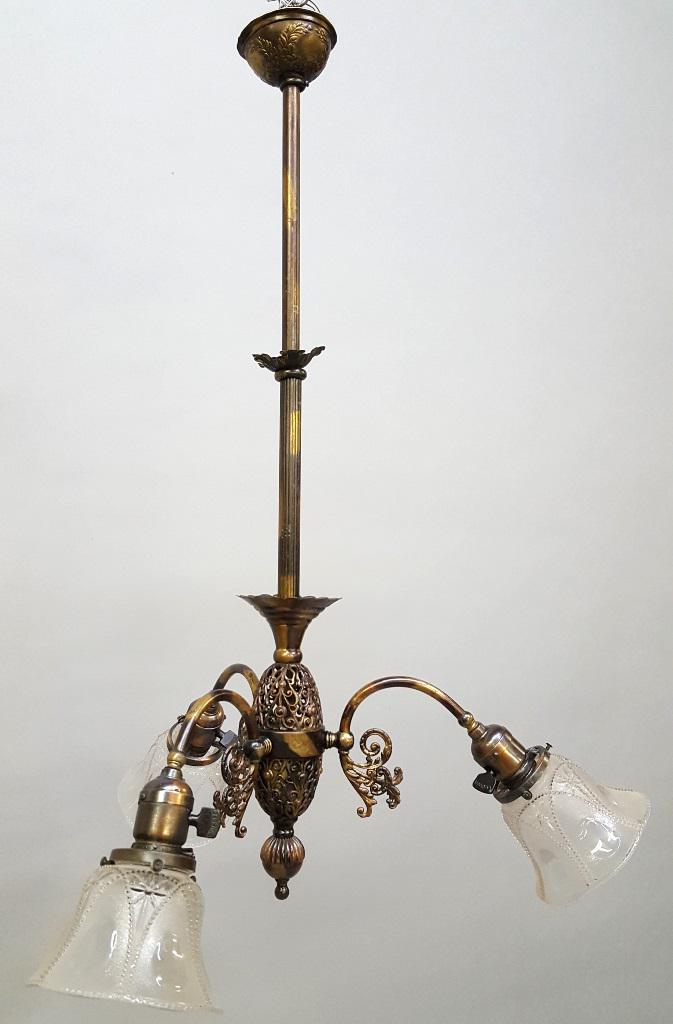 Circa 1915 3 Arm Electric Ceiling Chandelier w/old: Circa 1915 3 Arm Electric Ceiling Chandelier w/old shades - hgt 30" width 22". All in good condition. Found in St Paul MN estate.