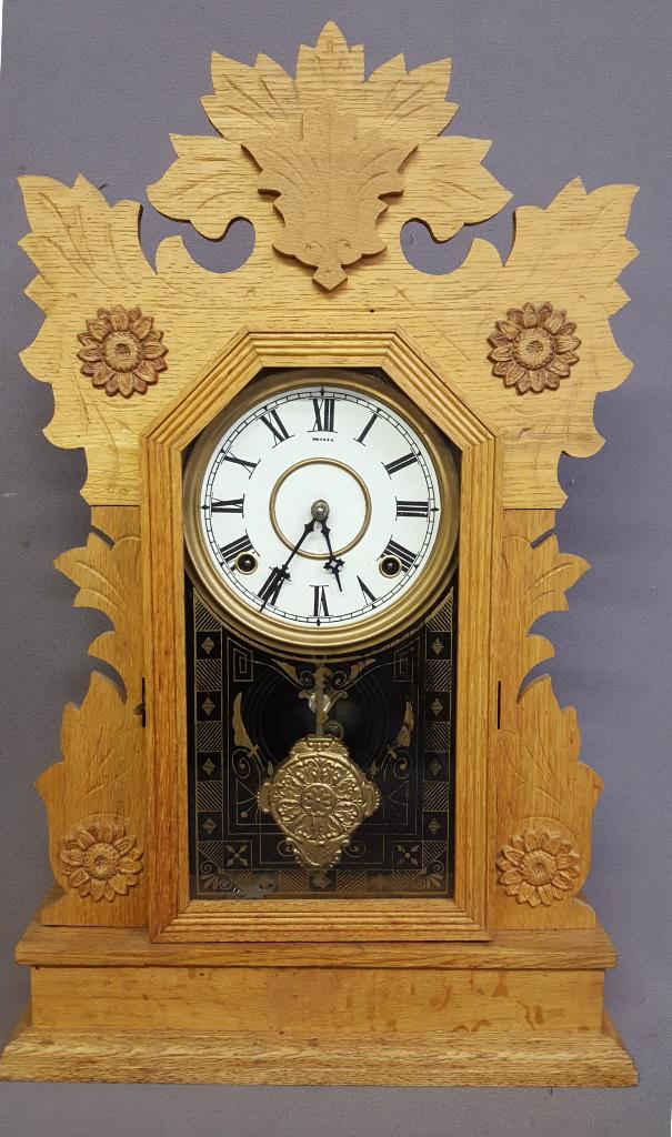Circa 1900 Oak Kitchen Clock signed on back Gilbert: Circa 1900 Oak Kitchen Clock signed on back Gilbert Clock co. - has original glass and in running condition. Hgt 22" w 14". Found in Ellsworth WI estate.