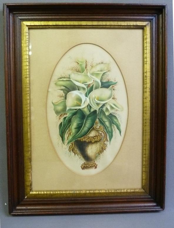 Circa 1870's Original Hand Painted (tempra) Calla: Circa 1870's Original Hand Painted (tempra) Calla Lilies in early Walnut Frame - h 25" w 19". Good condition. Found in Praire Du Chien, WI. home.