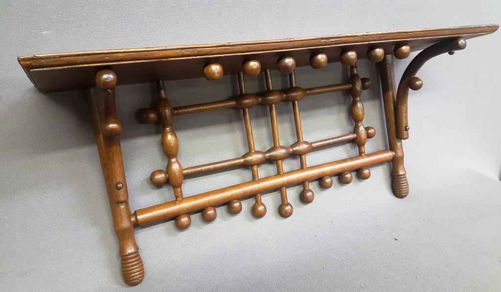 Circa 1900 Oak Stick & Ball Wall Shelf - hgt 10.5" w: Circa 1900 Oak Stick & Ball Wall Shelf - hgt 10.5" w 24" d 7". Found in ST Paul MN home.