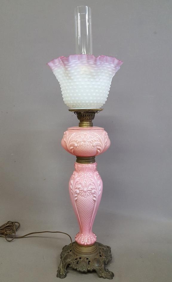Circa 1900 Pink Oil Tall Banquet Lamp with Pink Hobnail: Circa 1900 Pink Oil Tall Banquet Lamp with Pink Hobnail Shade - now electrified. Hgt 31" dia. 8". .All Glass good condition.