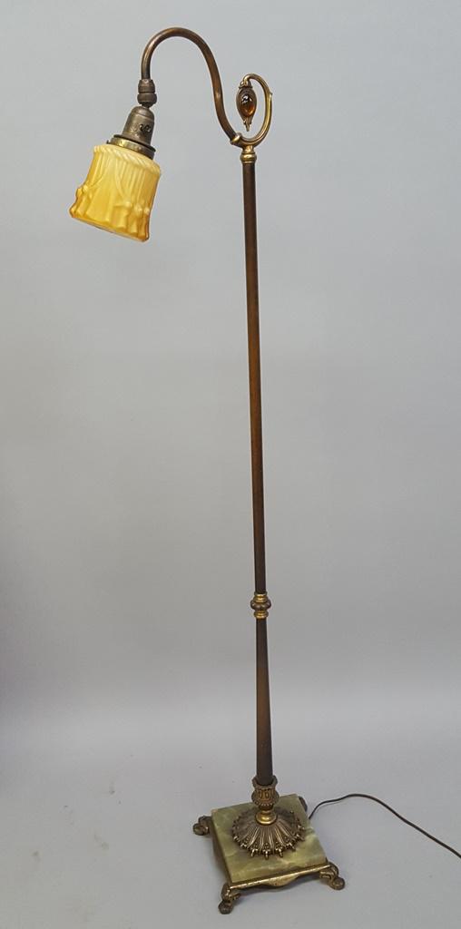 1920'2 Quality Decorated Goose Neck Floor Lamp with: 1920'2 Quality Decorated Goose Neck Floor Lamp with Green Onyx base and gold drape decorated glass shade. Also has a amber glass jewel set in the lamp near the top of the neck. Hgt 56" w 12" . Good wo