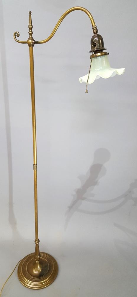 C 1920's signed (Hudson Brass Lamp Co.)floor lamp: C 1920's signed (Hudson Brass Lamp Co.)floor lamp w/Vaseline Antique Shade - hgt 55" w 18". Base dia. 10". Rewired good condition. All glass perfect. Found in Stillwater MN estate.