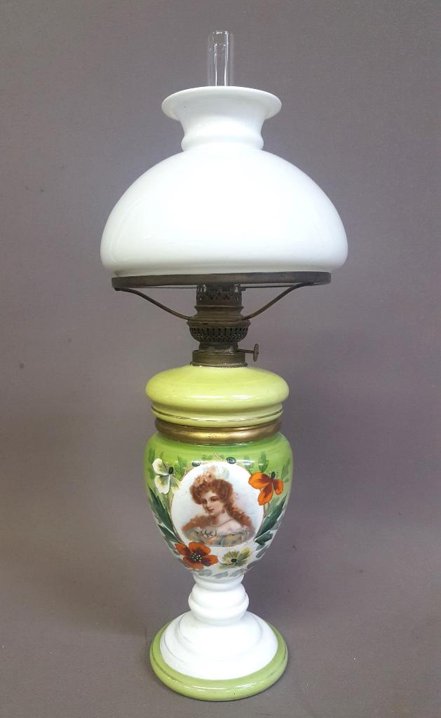 Circa 1880 Hand Painted Portrait Glass Oil Lamp - hgt: Circa 1880 Hand Painted Portrait Glass Oil Lamp - hgt 23" dia. 8.5" - All glass in good condition. Found in Eau Claire WI.