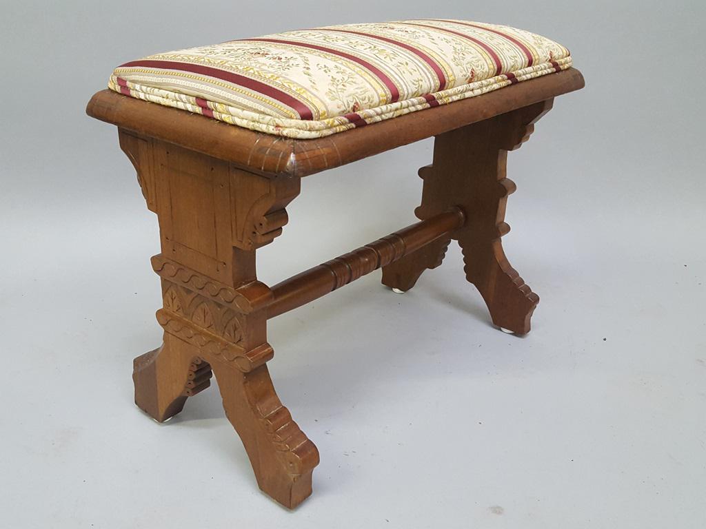 Burl Walnut American 1870's Spoon carved foot stool -: Burl Walnut American 1870's Spoon carved foot stool - Old refinish and good upholstery. Hgt 16" width 20" depth 10". Found in Minnetonka MN estate.