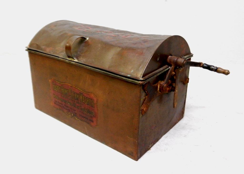 Circa 1916 Copper (Happy Home Steam Washer) capacity 12: Circa 1916 Copper (Happy Home Steam Washer) capacity 12 to 17 sheets. Works on any gas, oil or cookstove. Made by (The Happy Home Steam washing Machine Co Inc. - Pat July 1916, Sycamore OH.) Good cond