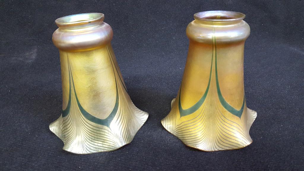 Pair of unique 1920's signed Steuben Art Glass Shades.: Pair of unique 1920's signed Steuben Art Glass Shades. Rare art glass. Glass in perfect condition. Hgt 5.75" largest dia 5.25" fitter 2.25". Found in St Paul MN mansion.