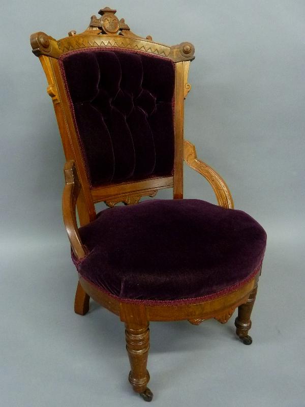 Circa 1870's Burl Walnut Renaissance Revival Chair in: Circa 1870's Burl Walnut Renaissance Revival Chair in Tufted Wine Upholstery - height 38" width 22" depth 25" - very good condition - found in Rochester Mn estate.