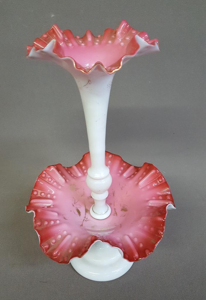Pink & white blown case glass eperene - comes in 2: Pink & white blown case glass eperene - comes in 2 parts. Hgt 16" dia. 9.5". Good condtion. No chips. Found in Minnetonka MN estate.