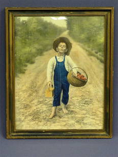 PRINT OF YOUNG BOY HIKING ON ROAD WTH APPLES & LUNCH: PRINT OF YOUNG BOY HIKING ON ROAD WTH APPLES & LUNCH PAIL - H 15" W 13"-CIRCA 1920