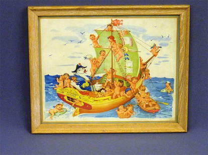 PRINT OF 26 BABIES SAILING WITH GOOSE CAPTAIN SIGNED: PRINT OF 26 BABIES SAILING WITH GOOSE CAPTAIN SIGNED (SWANNY) H 13" W 16"- C 1950'S