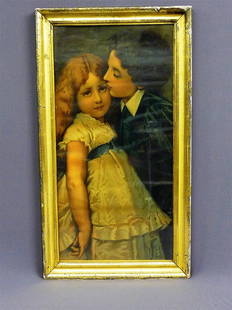 EARLY COLOR PRINT OF YOUNG BOY KISSING GIRL IN GOLD: EARLY COLOR PRINT OF YOUNG BOY KISSING GIRL IN GOLD LEAF FRAME - H 32" W 17" - CIRCA 1870