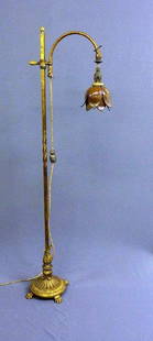 HIGH QUALITY CAST METAL FLOOR LAMP W/CLAW FEET & OL: HIGH QUALITY CAST METAL FLOOR LAMP W/CLAW FEET & OLD TULIP SHADE- ADJUSTING CORD- HEIGHT- 68"-C 1920