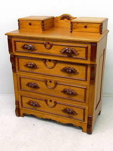 BUTTERNUT & WALNUT CARVED PULL CHEST W/HANKIE BOXES: BUTTERNUT & WALNUT CARVED PULL CHEST W/HANKIE BOXES, CHIPPEWA FALL WI EST - H 45" W 37"-CIRCA 1860