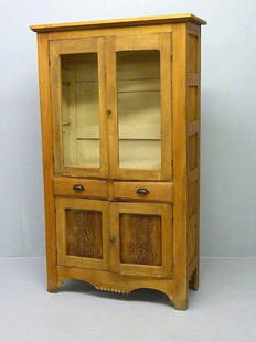 OAK KITCHEN CUPBOARD W/GLASS DOORS & DECORATED DESI: OAK KITCHEN CUPBOARD W/GLASS DOORS & DECORATED DESIGN SIDE PANELS FROM WI ESTATE -H 71 W 39"- C 1900