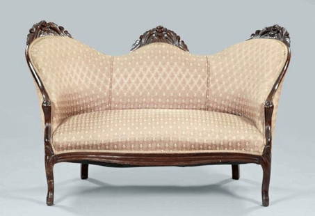 CUTE AMERICAN ROCOCO WALNUT FLORAL CARVED SETTEE ON: CUTE AMERICAN ROCOCO WALNUT FLORAL CARVED SETTEE ON CABRIOLE LEGS - H 36" W 54"-C 1860