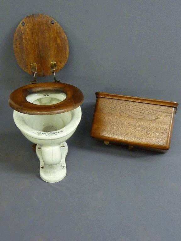 33 ANTIQUE OAK & PORCELAIN PULL CHAIN TANK TOILET SIGH
