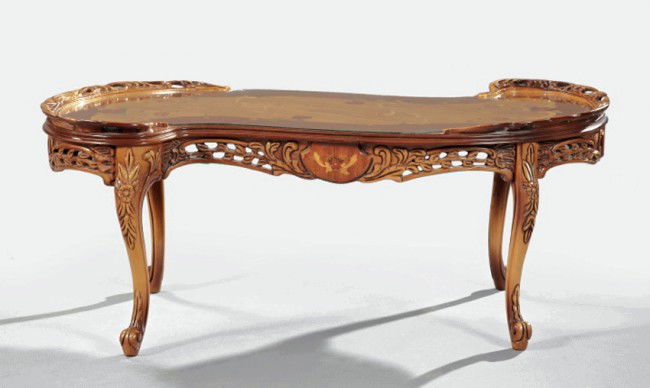 ROCOCO FLORAL INLAID KIDNEY SHAPED PIERCE CARVED CO: ROCOCO FLORAL INLAID KIDNEY SHAPED PIERCE CARVED COFFEE TABLE - W 46" H 18" - CIRCA 1950