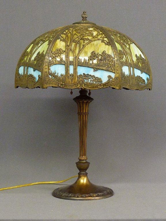 LARGE ANTIQUE 6 PANEL SLAG GLASS SCENIC LAMP (SIGNE: LARGE ANTIQUE 6 PANEL SLAG GLASS SCENIC LAMP (SIGNED MILLER CO.) MPLS ESTATE -H 25" DIA.20" - C 1920