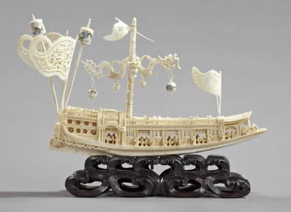 LARGE IVORY (Kuang Hsu Ivory Model) of an Imperial: LARGE IVORY (Kuang Hsu Ivory Model) of an Imperial Barge w/Celestial Dragon mast- H 11" L 14"-C 1910