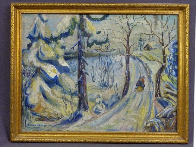 OIL PAINTING OF CHILDREN SLIDING IN WINTER SCENE S: OIL PAINTING OF CHILDREN SLIDING IN WINTER SCENE SIGNED (GLORIA HANSON 1943) H 32" W 40" -